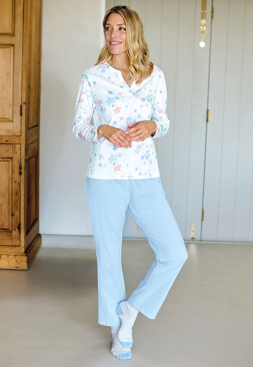 Mollie Long Sleeve Cotton Jersey Pyjama - Estrella Print Notch Neck Multicoloured Star Print Paired with Elasticated Trousers