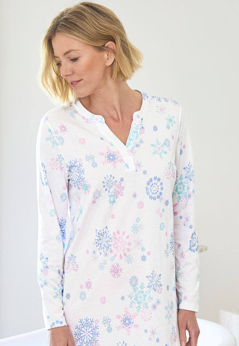 Mollie Long Sleeve Pure Cotton Nightdress - Verbier Print Front Detail View