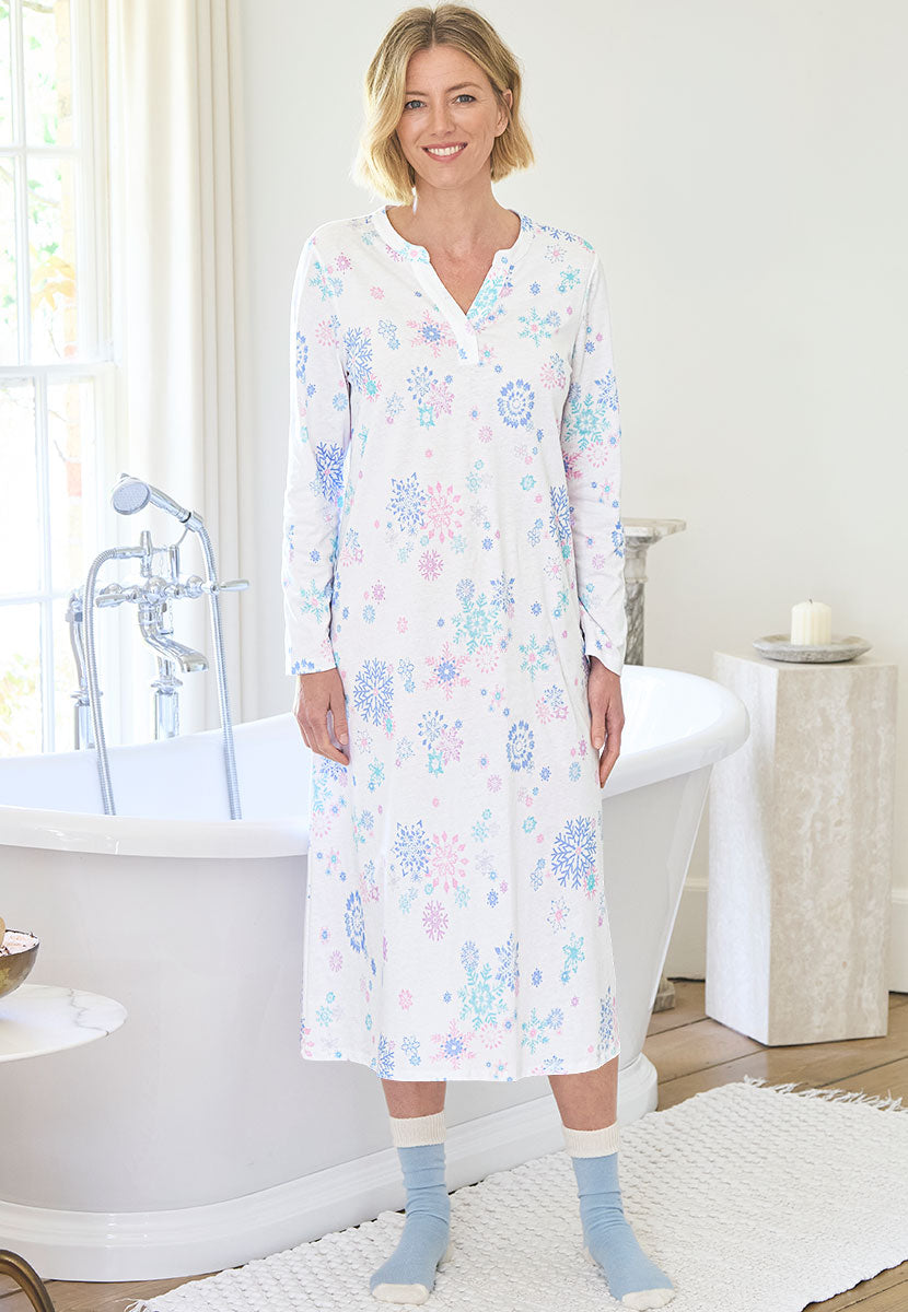 Mollie Long Sleeve Pure Cotton Nightdress - Verbier Print Front View