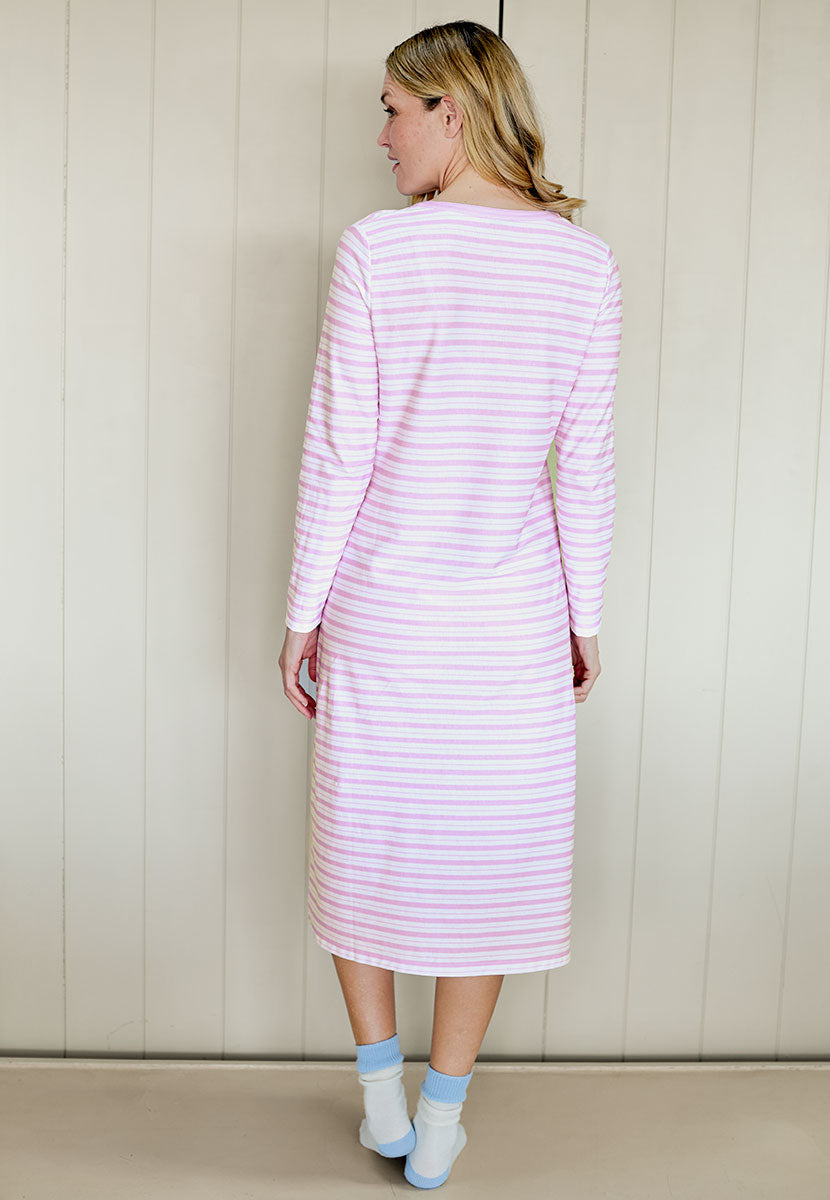 Mollie Long Sleeve Cotton Jersey Nightdress - Wisteria Stripe Pure Cotton Notch Neck Purple and White Stripes Breathable Comfy Style Back View