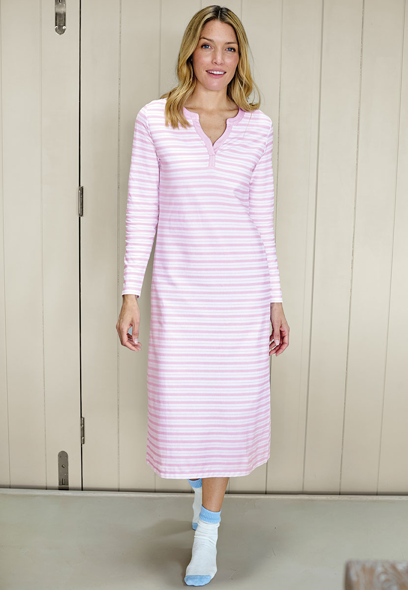 Mollie Long Sleeve Cotton Jersey Nightdress - Wisteria Stripe Pure Cotton Notch Neck Purple and White Stripes Breathable Comfy Style