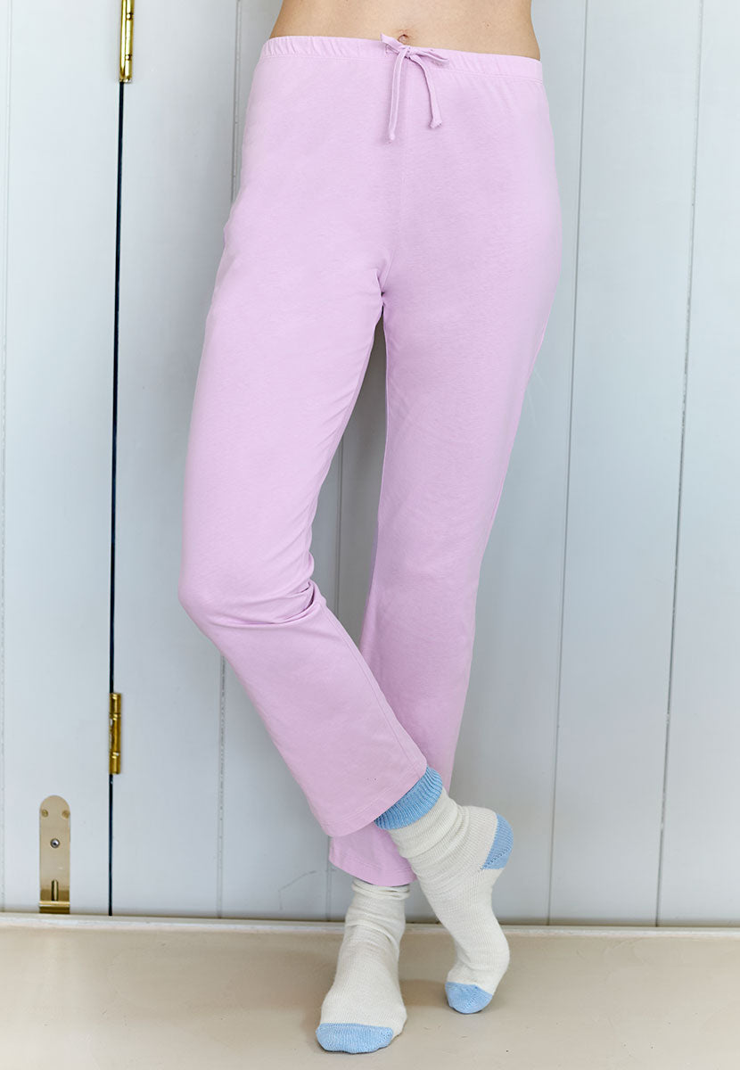 Mollie Long Sleeve Cotton Jersey Pyjama - Wisteria Stripe Notch Neck Multicoloured Star Print Paired with Elasticated Trousers Trouser Front View