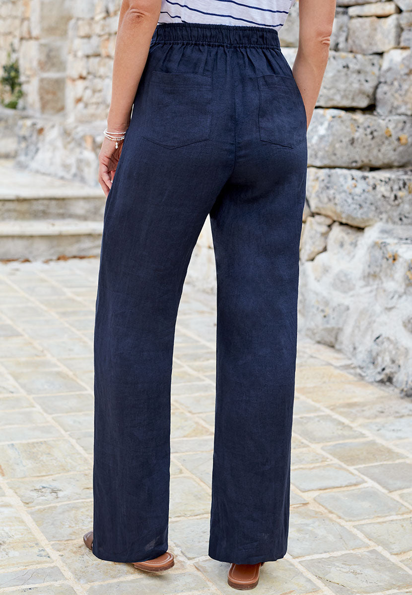 Bella di Notte Monica Linen Wide Leg Pull on Trouser - Dark Navy Blue Elasticated Waist Faux Fly Summer Style Back View