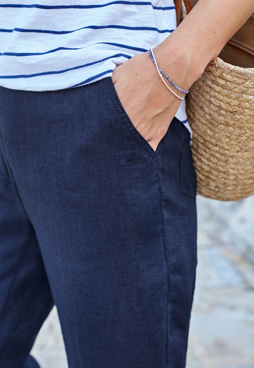 Bella di Notte Monica Linen Wide Leg Pull on Trouser - Dark Navy Blue Elasticated Waist Faux Fly Summer Style Alt View