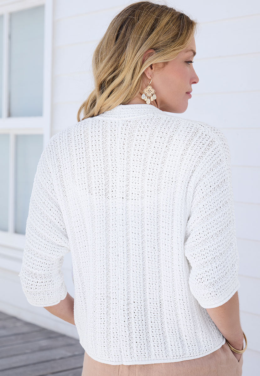 Myla Open Knit 3/4 Sleeve Cardigan - White