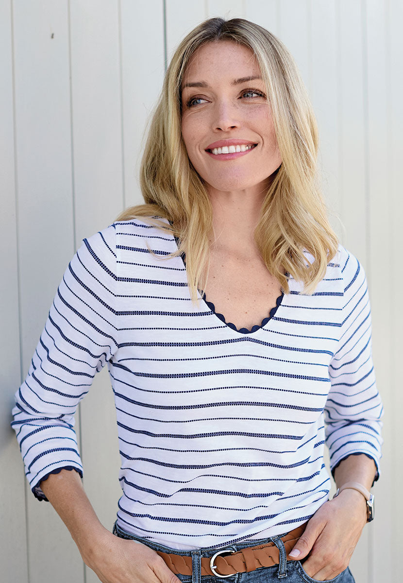 Mylie 3/4 Sleeve Pure Cotton Top - Navy Stripe Dark Blue White Striped Jersey V-Neck Style with Flattering Scalloped Detail