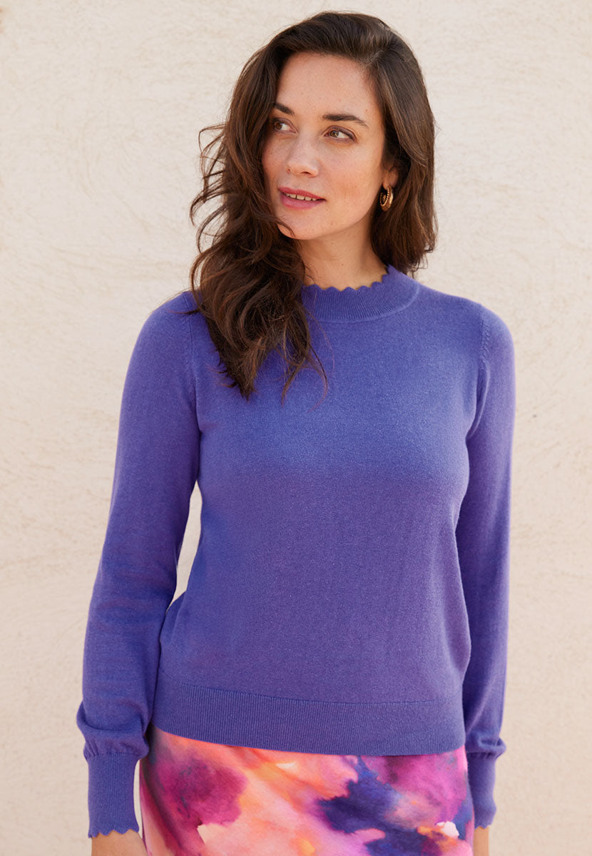 Nell Long Sleeve Cotton Jumper - Iris Purple Regular Fit Scalloped Dressy Detail on Neck and Cuff High Neck Style Front Alt
