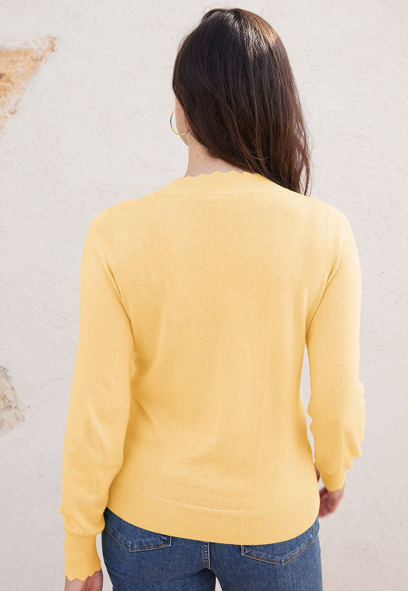 Nell Long Sleeve Cotton Jumper - Soft Lemon Regular Fit Scalloped Dressy Detail on Neck and Cuff High Neck Style Back View