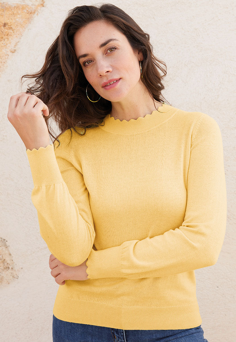 Nell Long Sleeve Cotton Jumper - Soft Lemon Regular Fit Scalloped Dressy Detail on Neck and Cuff High Neck Style