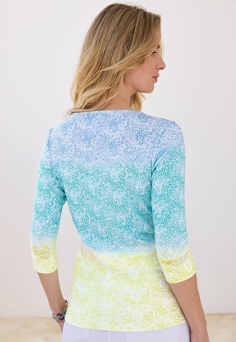 Olivia 3 Quarter Sleeve Boat Neck Cotton Top - Napoli Summer Print Blue Yellow Casual Crew Neck Style in Slub Cotton with Stitch detail Back View