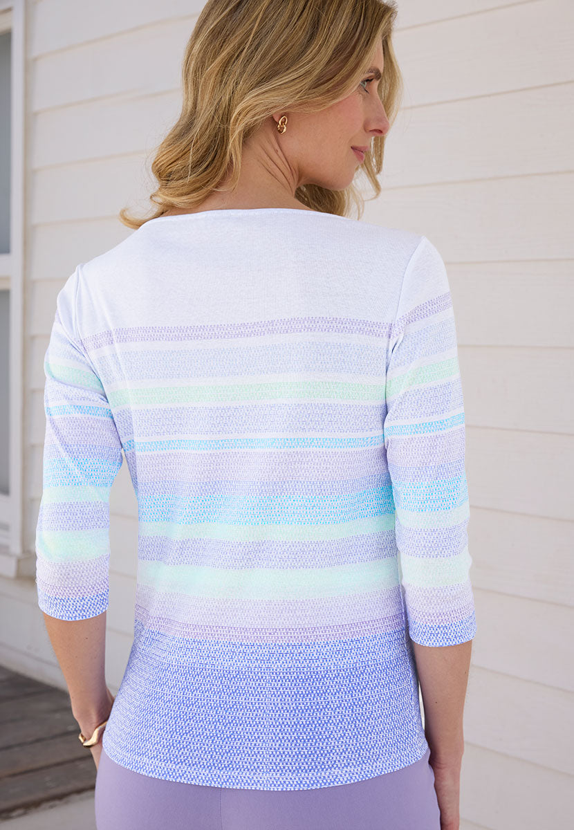 Olivia 3/4 Sleeve Pure Cotton Jersey Top - Multi Stripe Purple Yellow Blue Striped Cotton Top with Boat Neck and Soft Jersey For Comfort Back View