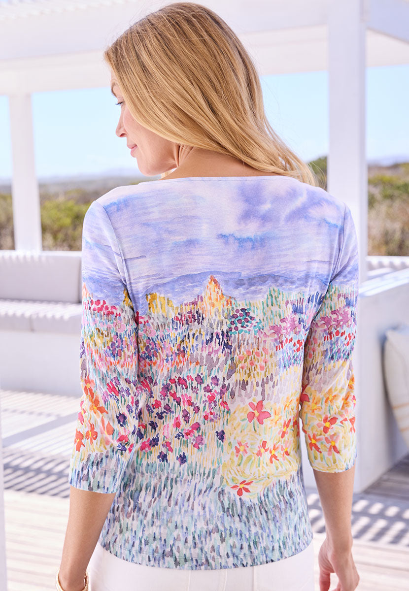 Olivia 3/4 Sleeve Boat Neck Cotton Top - Meadow Print