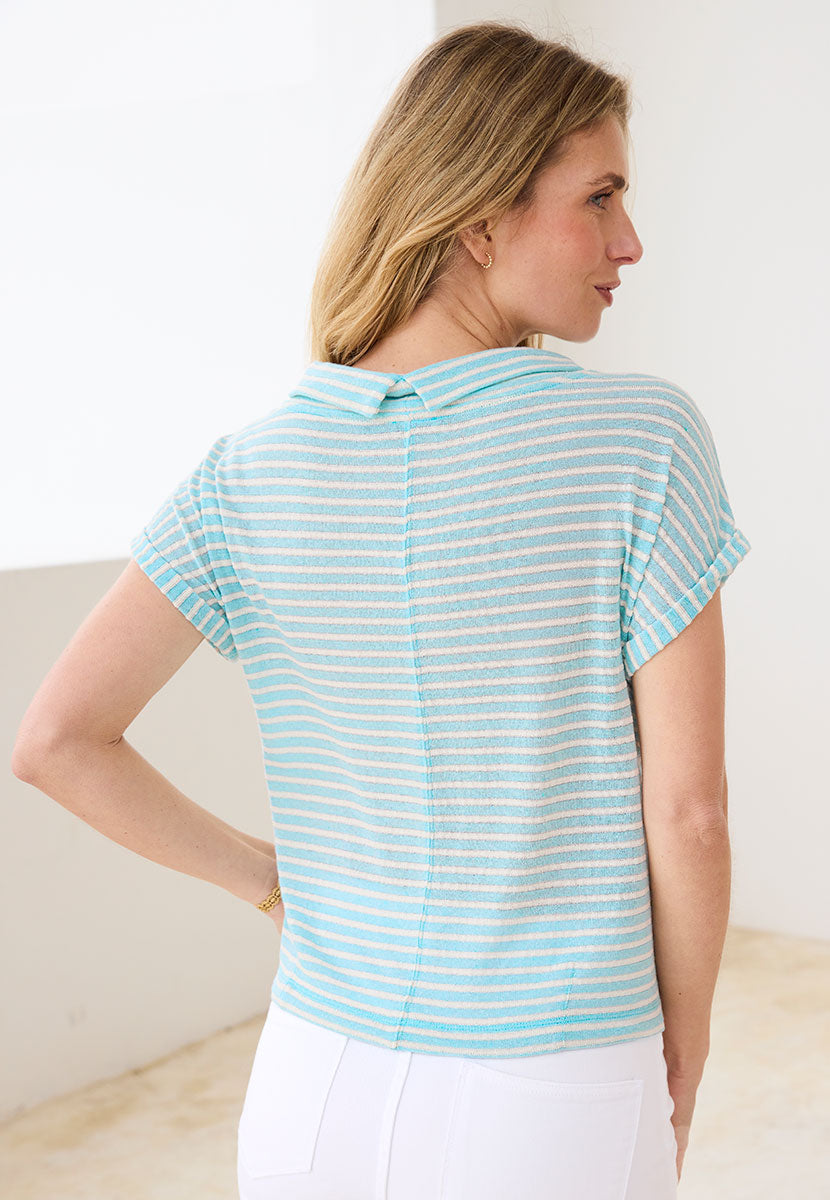 Ottilie Short Sleeve Bardot Top - Blue Cotton Blend Bardot Neckline with a Slight Batwing Sleeve Back View