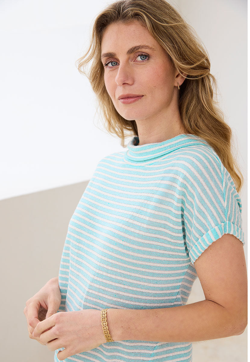 Ottilie Short Sleeve Bardot Top - Blue Cotton Blend Bardot Neckline with a Slight Batwing Sleeve Side View