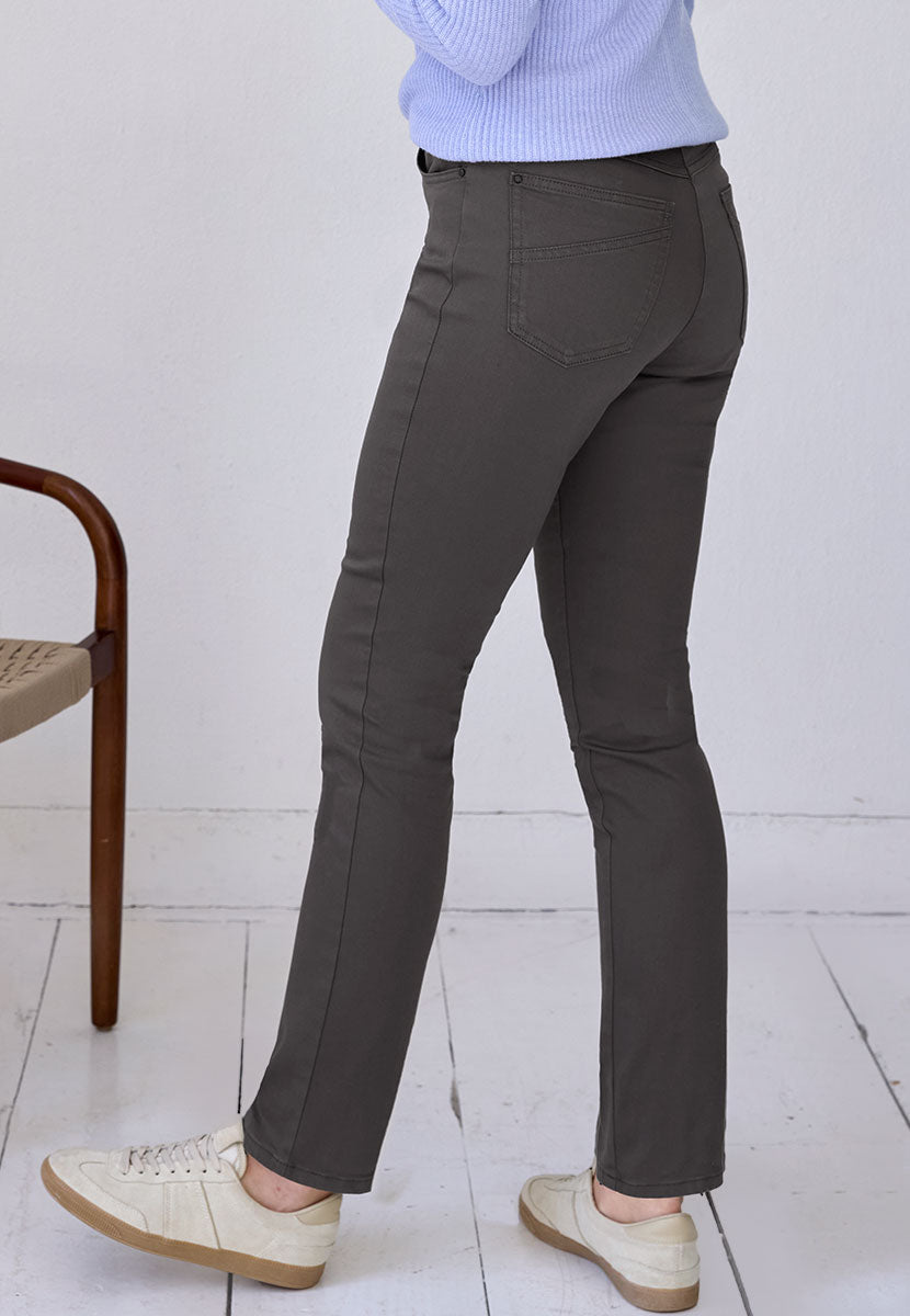Brax Pull On Pamina 29 Inch Leg Trouser - Charcoal Raphaela Range Slim Fit Straight Leg Style High Rise Five Pockets Two Way Stretch Back View