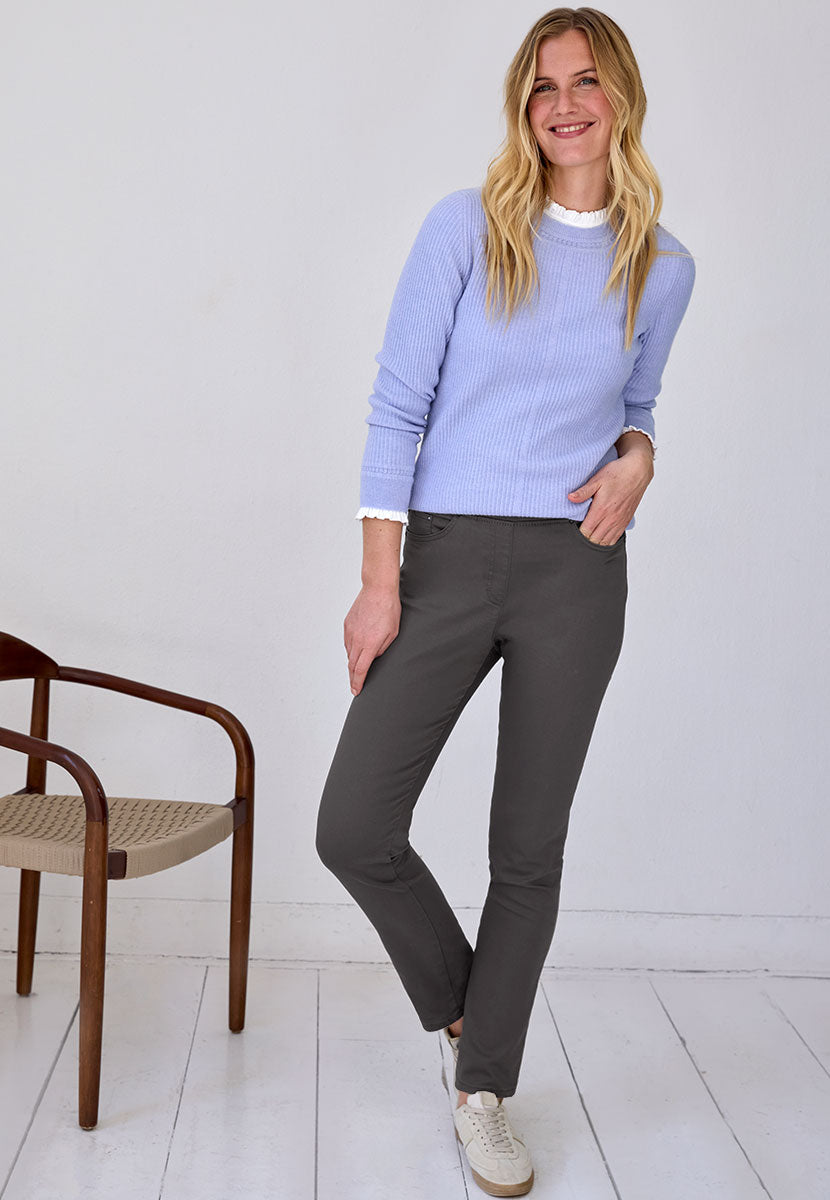 Brax Pull On Pamina 29 Inch Leg Trouser - Charcoal Raphaela Range Slim Fit Straight Leg Style High Rise Five Pockets Two Way Stretch