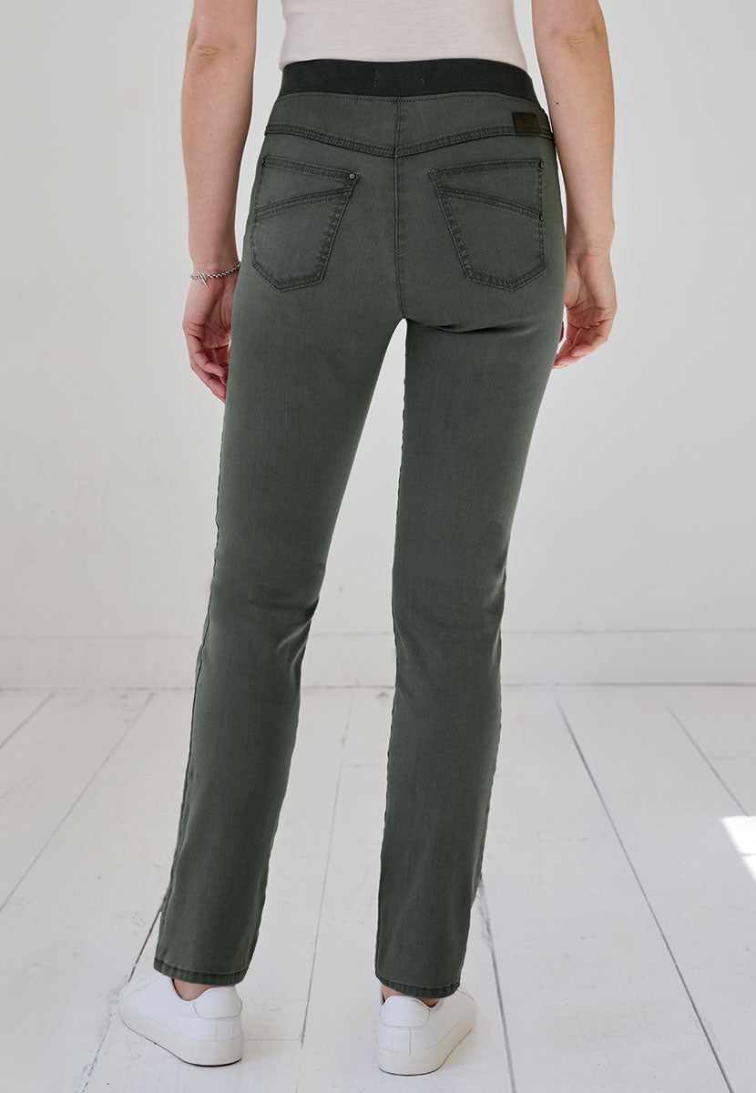 Brax Pull On Pamina 27 Inch Leg Trouser - Deep Pine Raphaela Range Slim Fit Straight Leg Style High Rise Five Pockets Two Way Stretch Back View