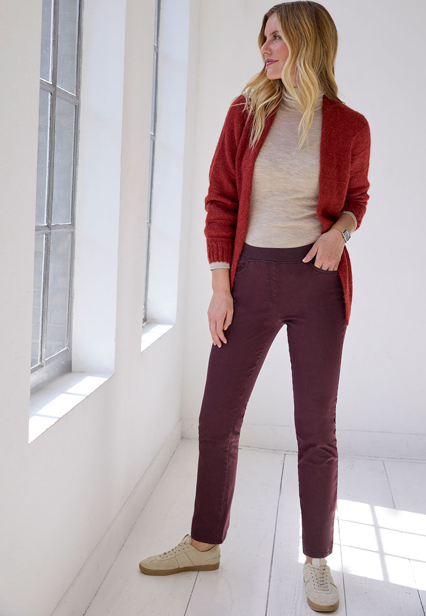 Brax Pull On Pamina 27 Inch Leg Trouser - Prune Raphaela Range Slim Fit Straight Leg Style High Rise Five Pockets Two Way Stretch