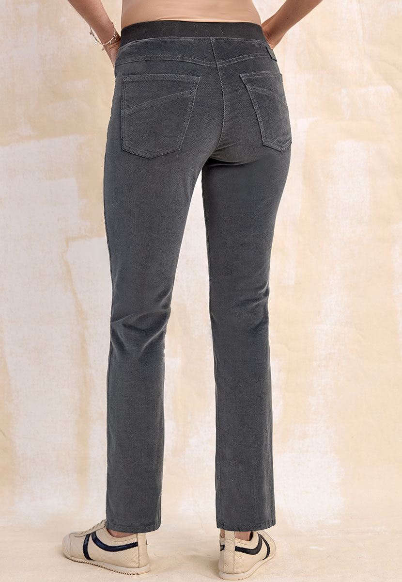BRAX Pamina Fine Cord Trouser 29 Inch Leg - Pewter Stretch Needlecord Flattering Classic Slim Leg Elasticated High Rise Pull On Waist with Pockets and Faux Fly Back View