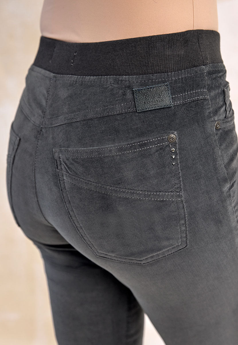 BRAX Pamina Fine Cord Trouser 29 Inch Leg - Pewter Stretch Needlecord Flattering Classic Slim Leg Elasticated High Rise Pull On Waist with Pockets and Faux Fly Back Detail View