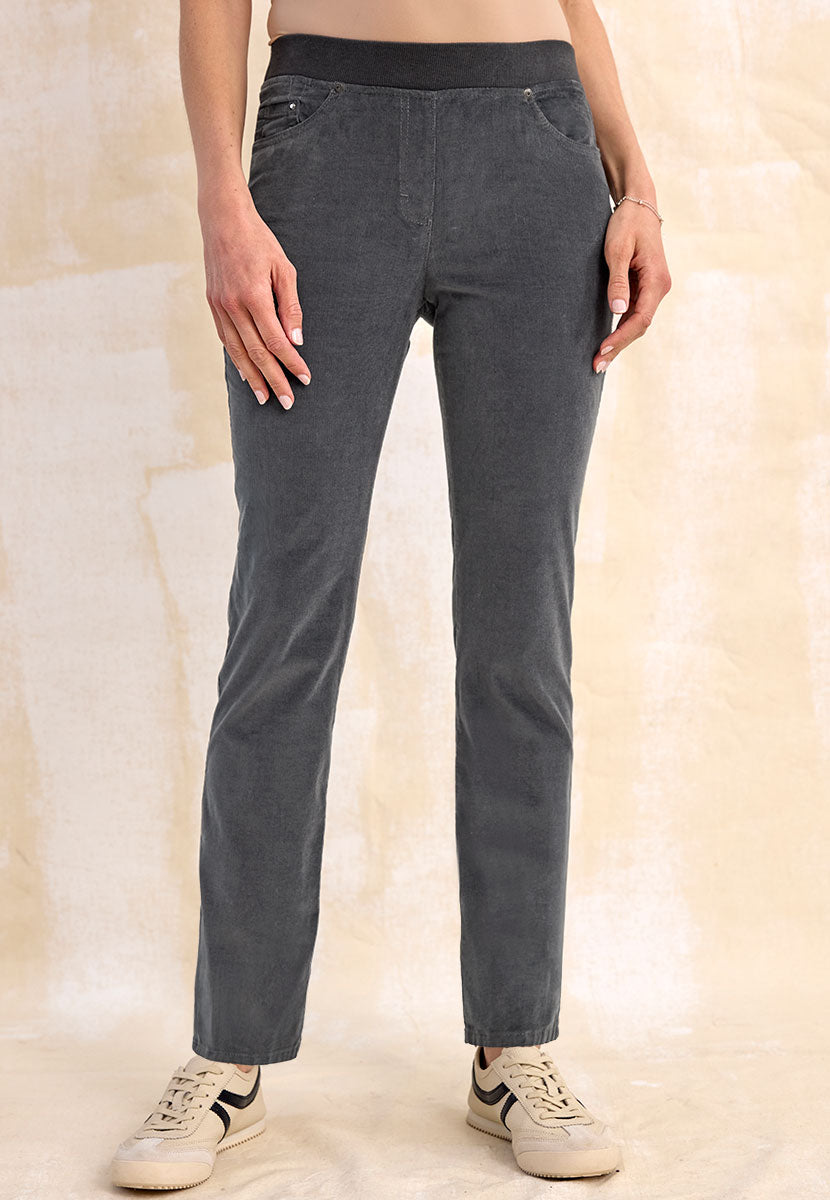 BRAX Pamina Fine Cord Trouser 29 Inch Leg - Pewter Stretch Needlecord Flattering Classic Slim Leg Elasticated High Rise Pull On Waist with Pockets and Faux Fly Front Alt View