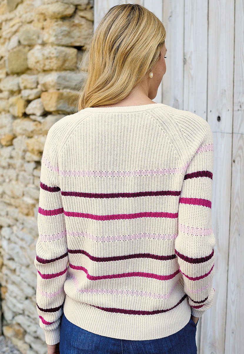 Pandora Striped Henley Jumper - Multi Stripe Relaxed Dressing Easy Fit Medium Weight With Stripes Shell Buttons and Long Sleeves Back View