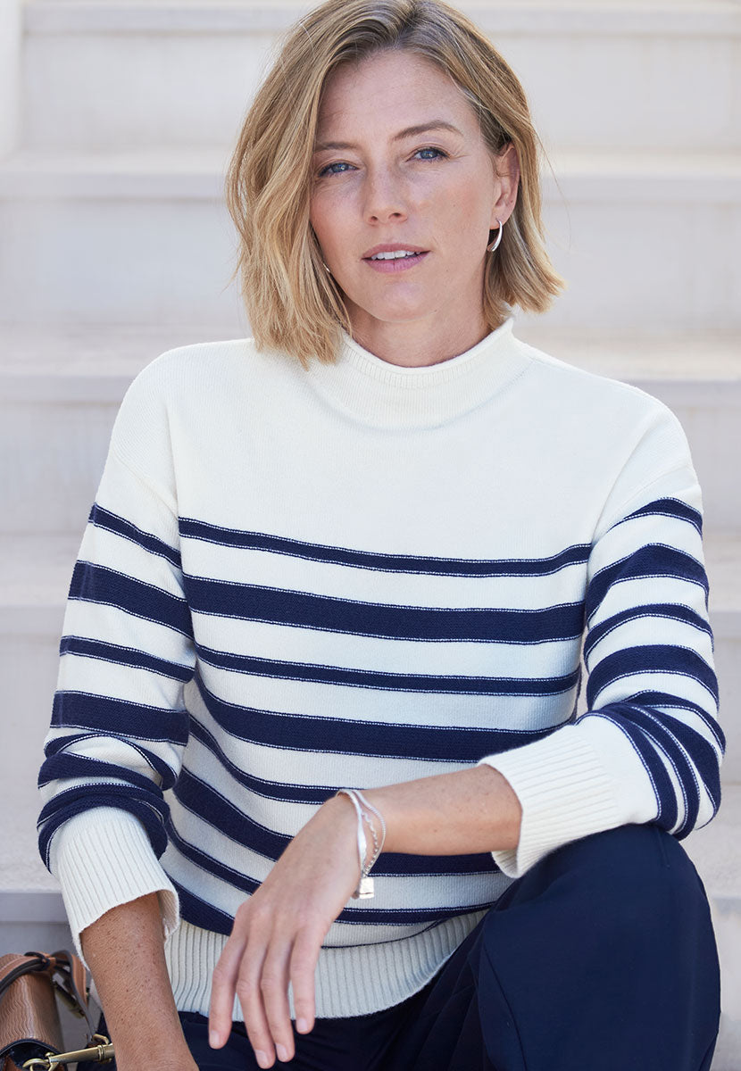 Penny Funnel Neck Striped Jumper - Navy Stripe