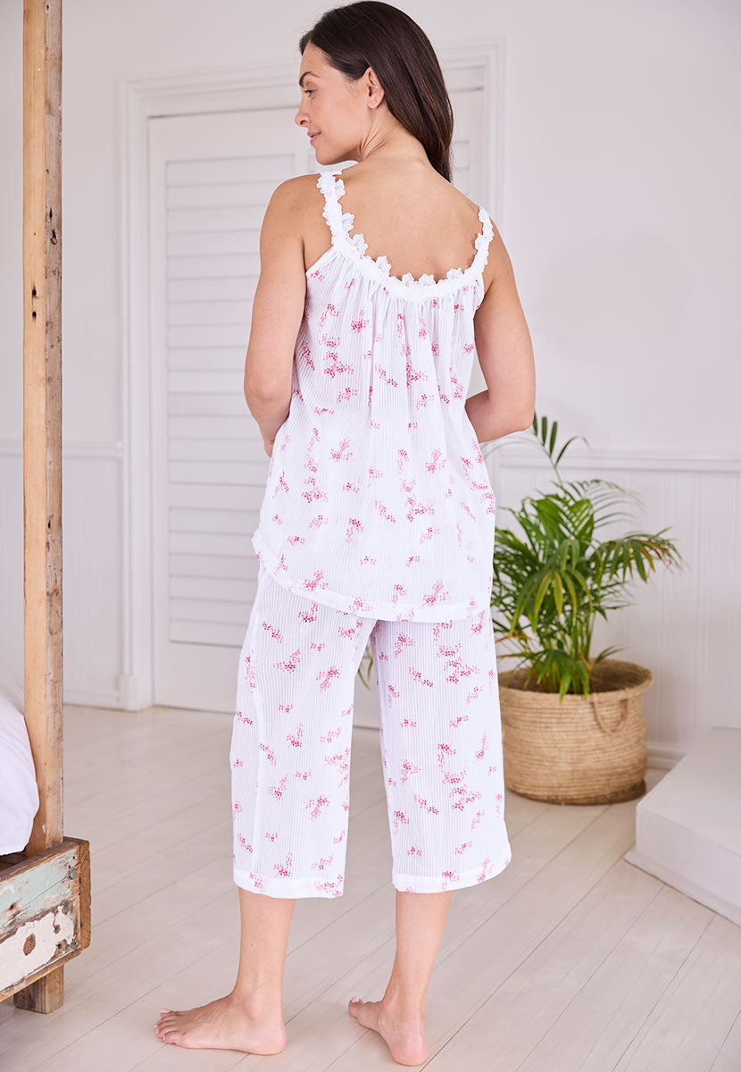 Petal Pure Cotton Cropped Pyjama Set - Pink Floral Stripe
