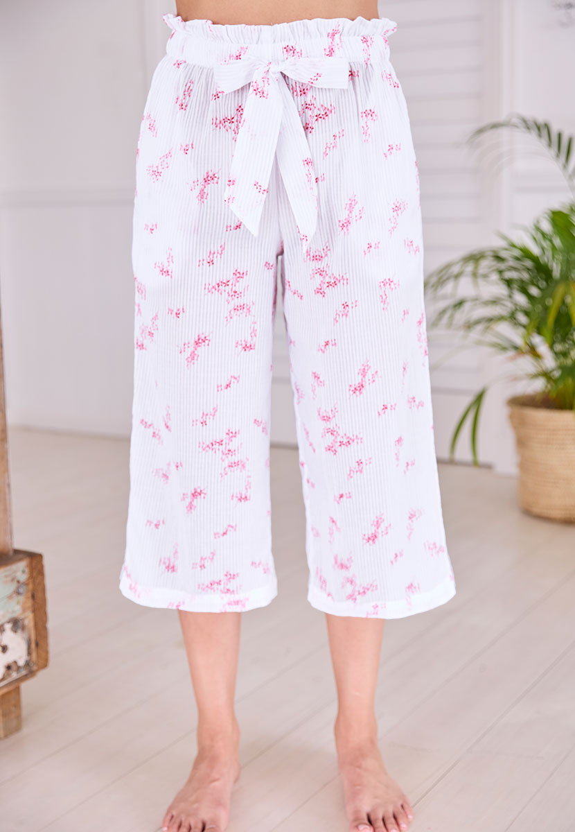 Petal Pure Cotton Cropped Pyjama Set - Pink Floral Stripe