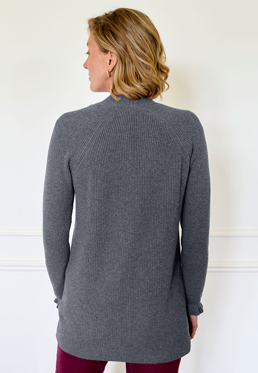 Phoebe Longline Open Front Cardigan - Soft Charcoal Clean Edge-to-Edge Layer Pretty Ruffle Cuffs Transitional Cotton and Wool Blend with All Over Rib Back View