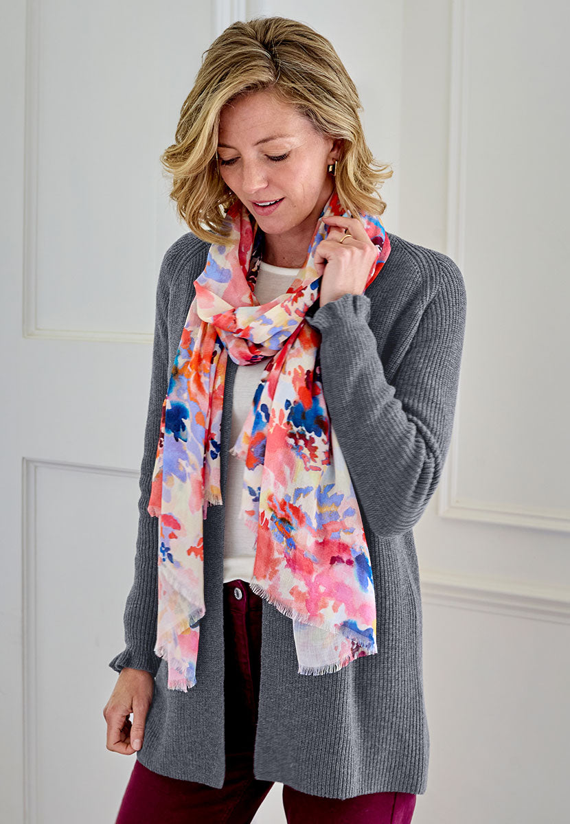 Phoebe Longline Open Front Cardigan - Soft Charcoal Clean Edge-to-Edge Layer Pretty Ruffle Cuffs Transitional Cotton and Wool Blend with All Over Rib Alt View