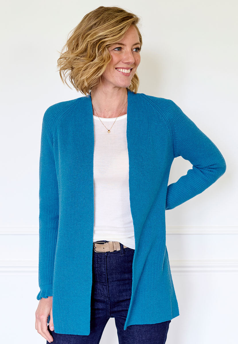 Phoebe Longline Open Front Cardigan - Teal Clean Edge-to-Edge Layer Pretty Ruffle Cuffs Transitional Cotton and Wool Blend with All Over Rib Front Alt View