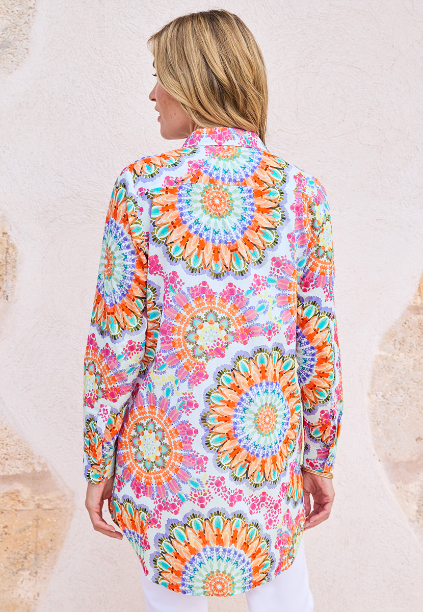 Pia Longline Pure Cotton Button Through Shirt  - Ferreti Print