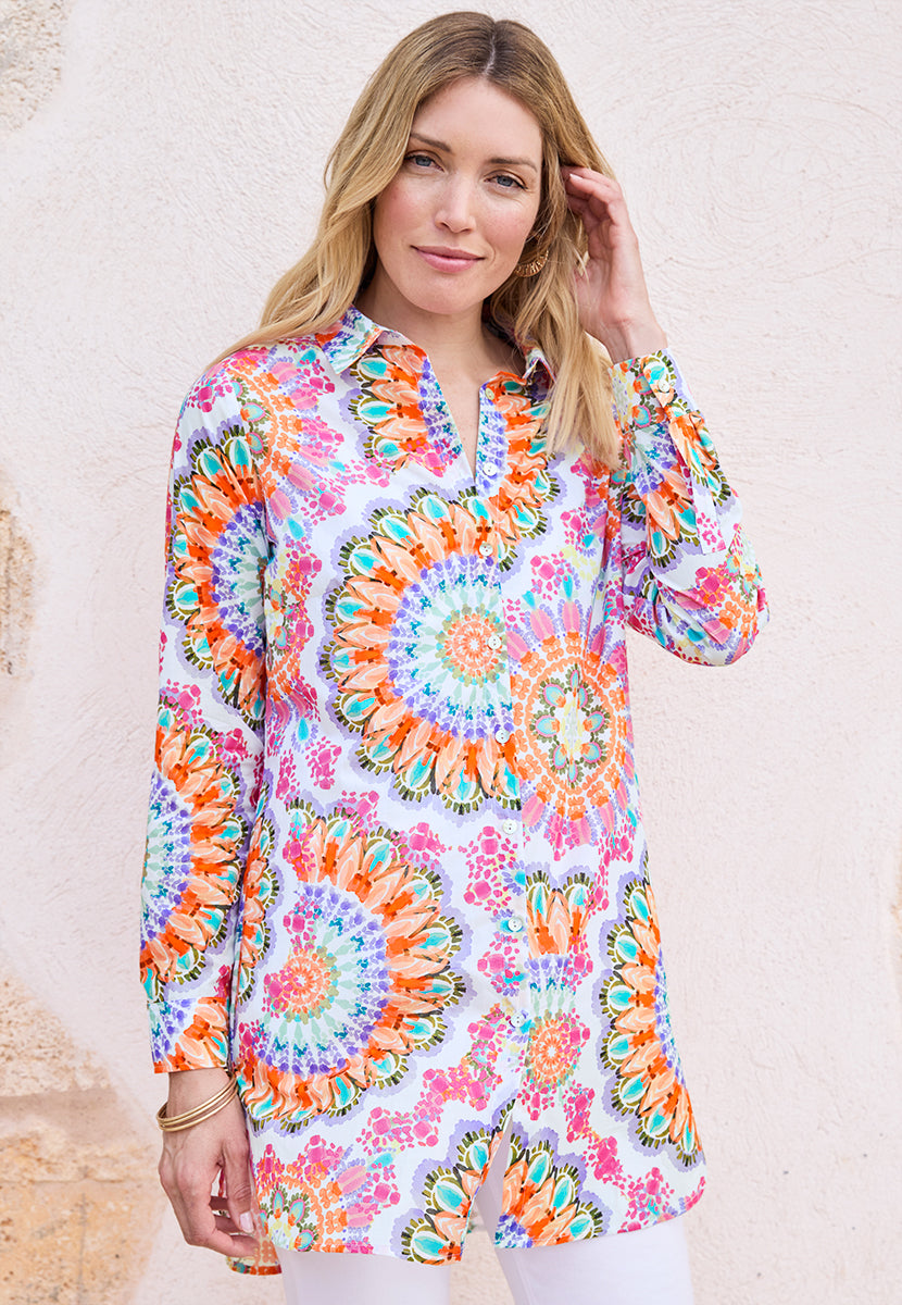 Pia Longline Pure Cotton Button Through Shirt  - Ferreti Print