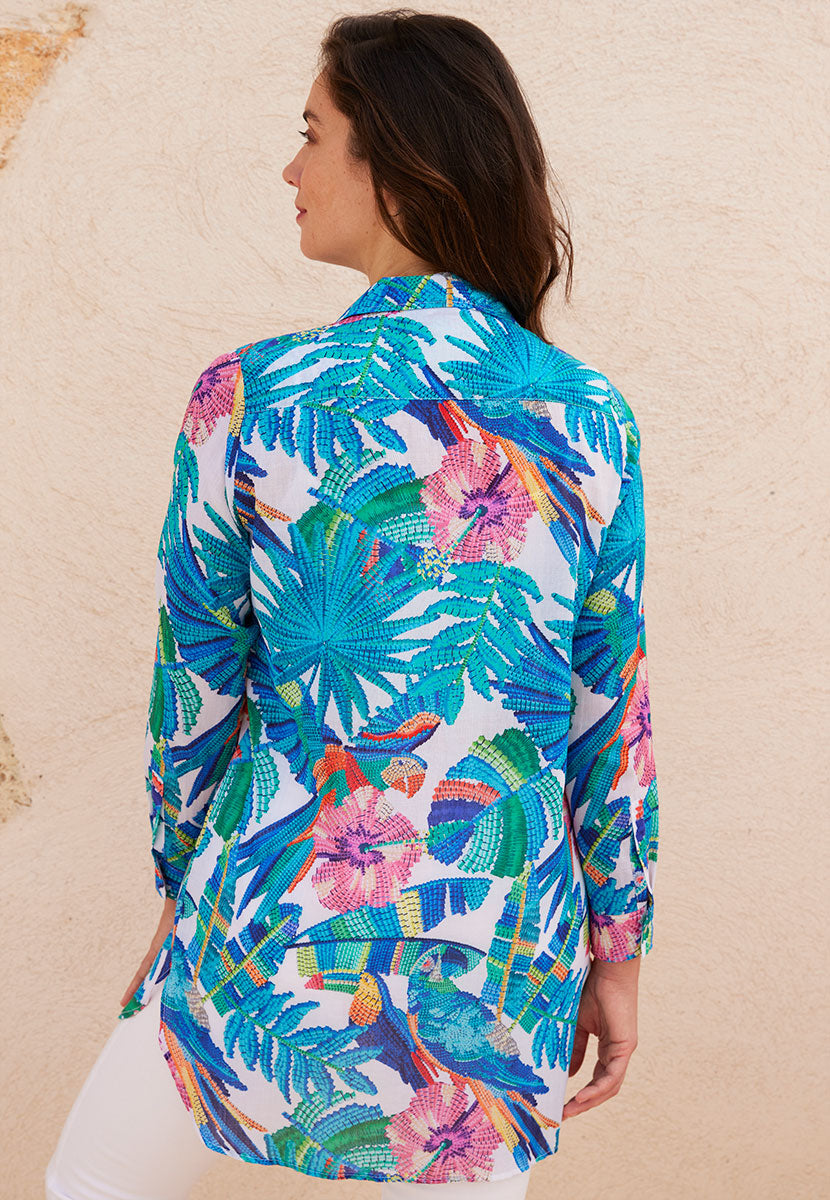 Pia Longline Pure Cotton Shirt - Blue Pink Orange Las Palma Print Lightweight Summer Holiday Style Vibrant Colours with Long Sleeves Back View