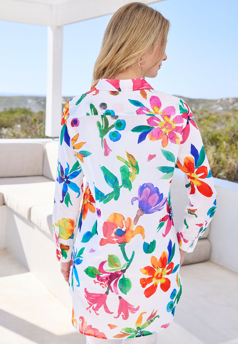 Pia Longline Pure Cotton Button Through Shirt - Seville Print Mulitcolour Floral Print Long Sleeve Collared Shirt Back Vieq