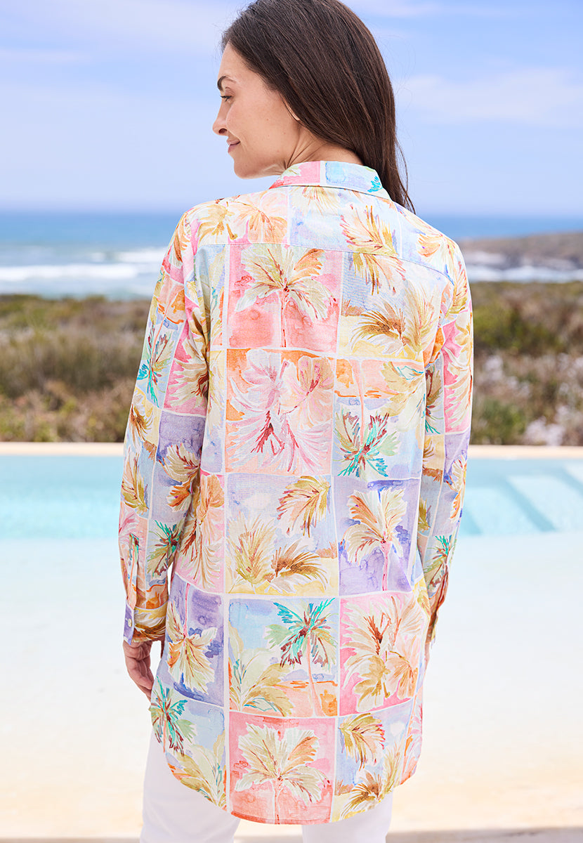 Pia Longline Pure Cotton Button Through Shirt - Sicily Print Back View