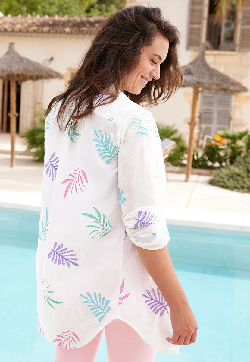 Pia Longline Pure Cotton Long Sleeve Shirt - White Lightweight Summer Style with Floral Pastel Tones Back View