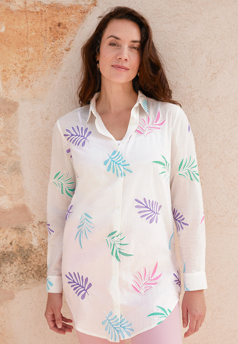 Pia Longline Pure Cotton Long Sleeve Shirt - White Lightweight Summer Style with Floral Pastel Tones Front Alt