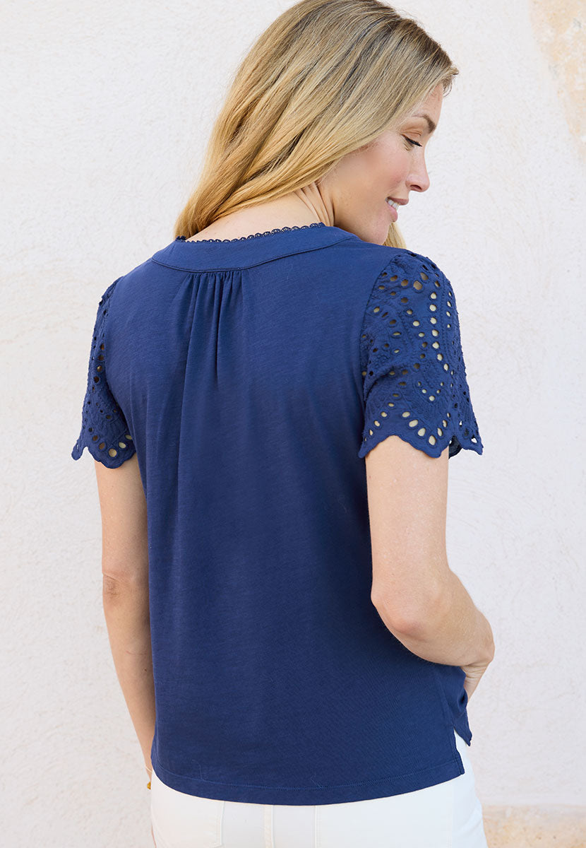 Pippa Short Sleeve Pure Cotton Top - Navy