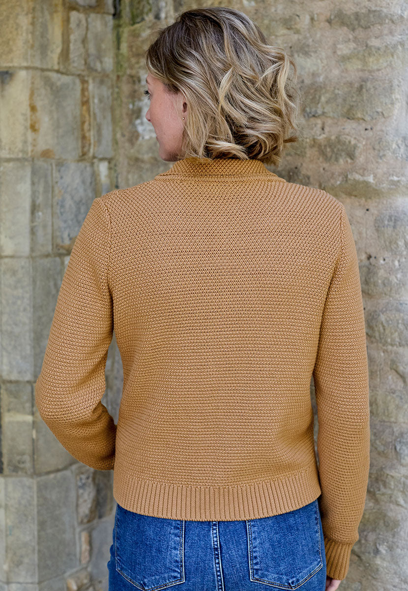 Primrose Waffle Knit Zip Through Cardigan - Camel Casual Jacket Styling Comfortable Cardigan In Textured Midweight Waffle Knit with Rib Trims Collar and Zip Front Back View