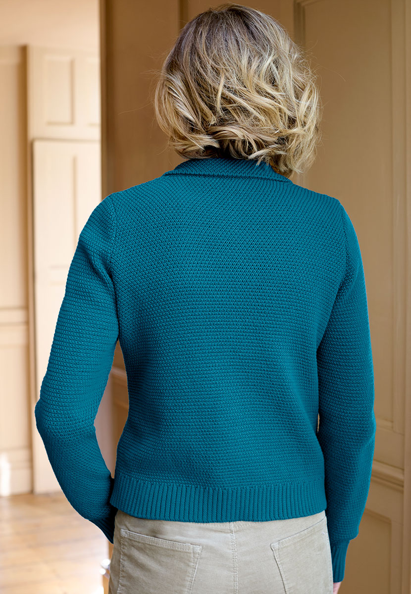 Primrose Waffle Knit Zip Through Cardigan - Deep Teal Casual Jacket Styling Comfortable Cardigan In Textured Midweight Waffle Knit with Rib Trims Collar and Zip Front Back View