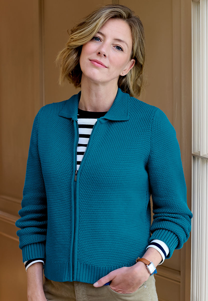 Primrose Waffle Knit Zip Through Cardigan - Deep Teal Casual Jacket Styling Comfortable Cardigan In Textured Midweight Waffle Knit with Rib Trims Collar and Zip Front