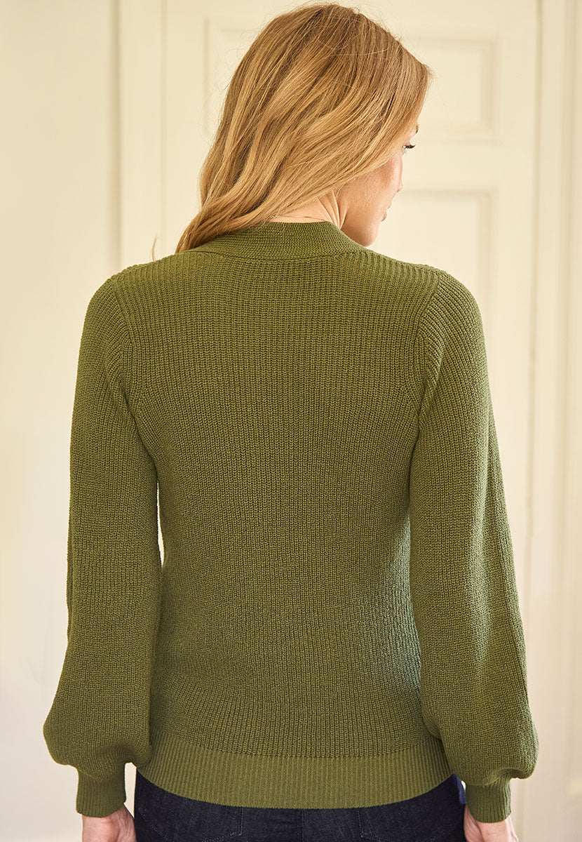 Quinn Long Sleeve V-Neck Knitted Jumper - Fern Green Back View