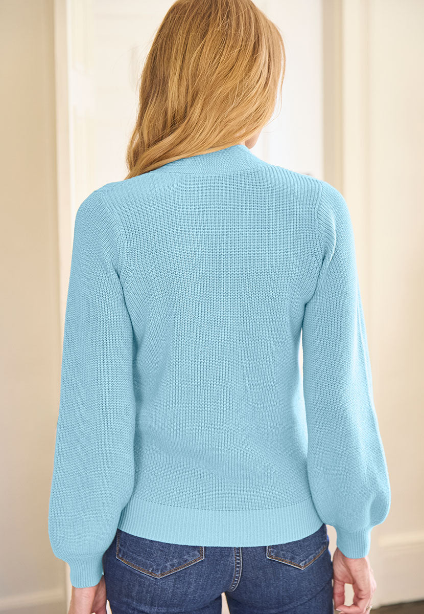 Quinn Long Sleeve V-Neck Knitted Jumper - French Blue Back View