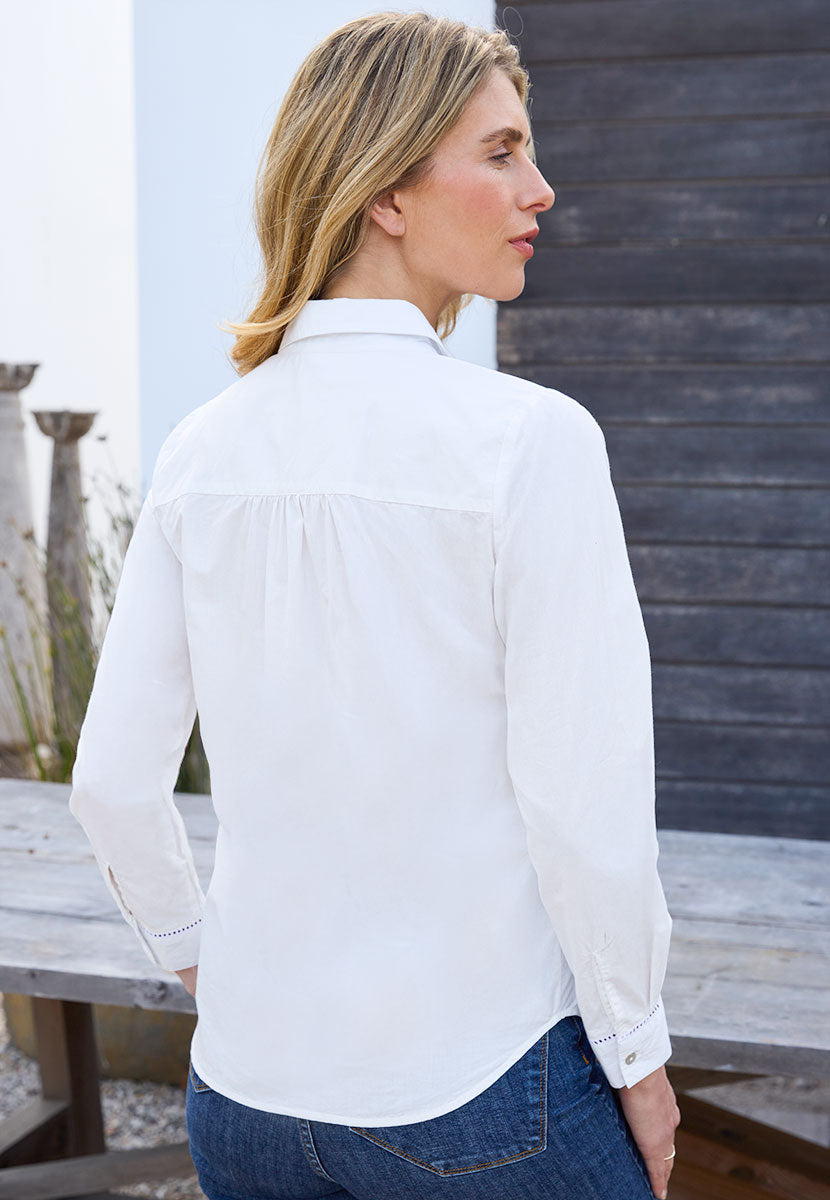 Renata Button Through Embroidered Shirt - White Long sleeves with Tonal Embroidery Functional Cuffs