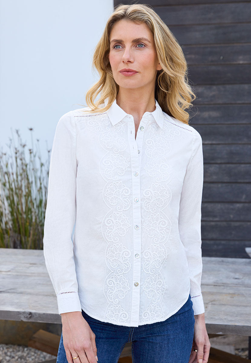 Renata Button Through Embroidered Shirt - White Long sleeves with Tonal Embroidery Functional Cuffs