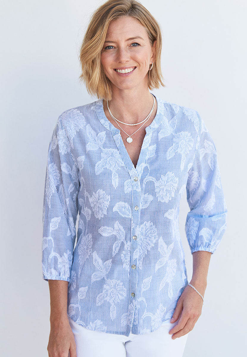 Rhiannon 3/4 Sleeve Pure Cotton Shirt - Blue/White Floral