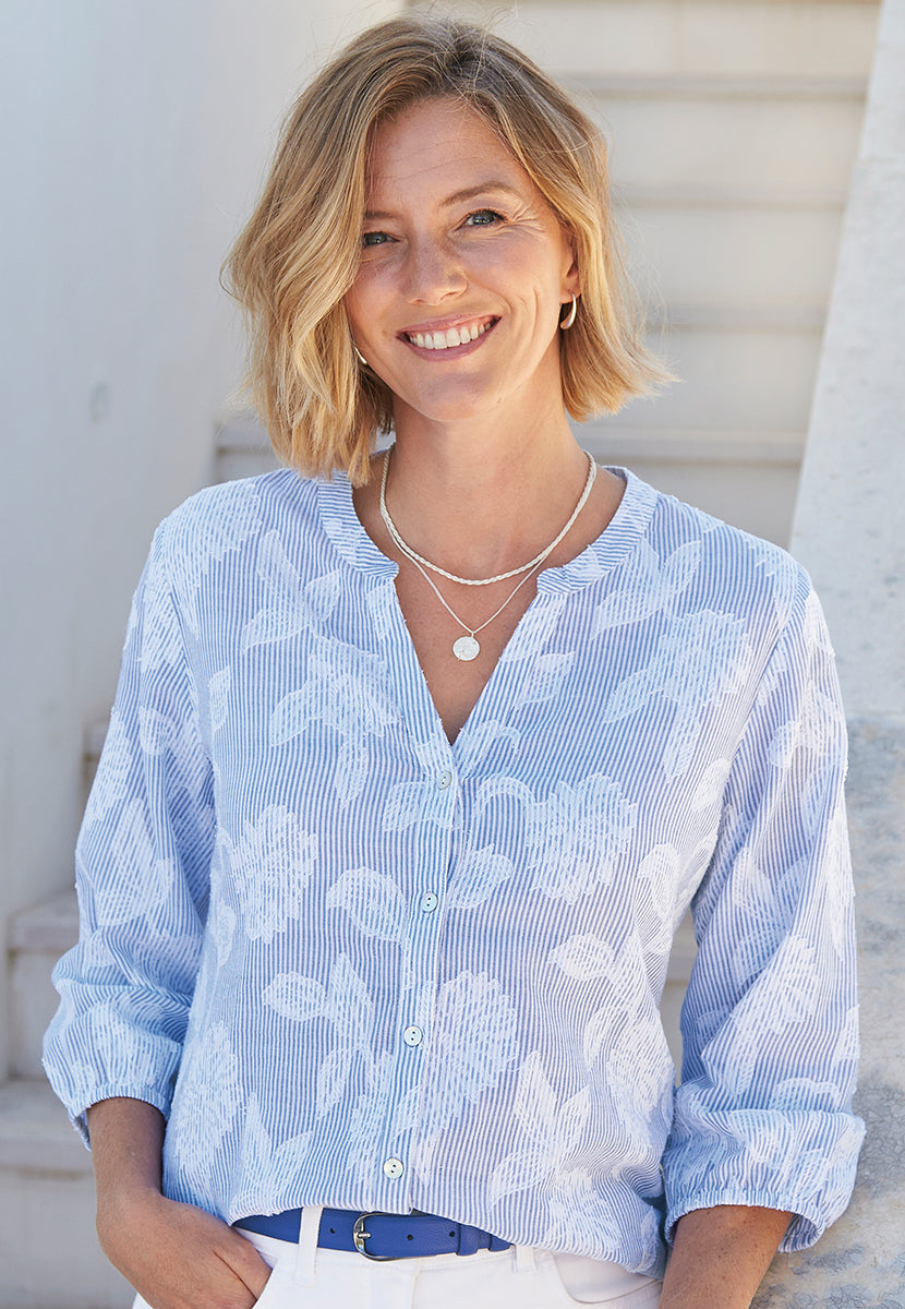 Rhiannon 3/4 Sleeve Pure Cotton Shirt - Blue/White Floral