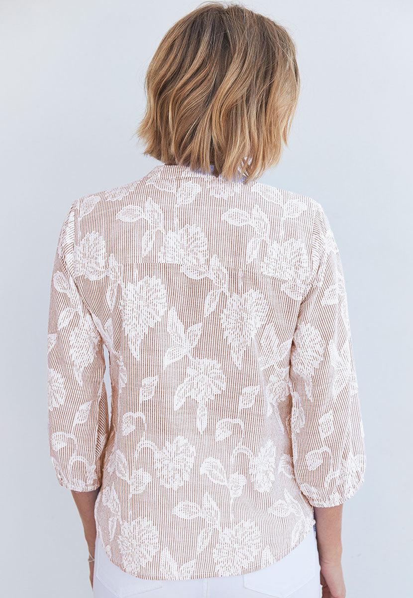 Rhiannon 3/4 Sleeve Pure Cotton Shirt - Neutral/White Floral